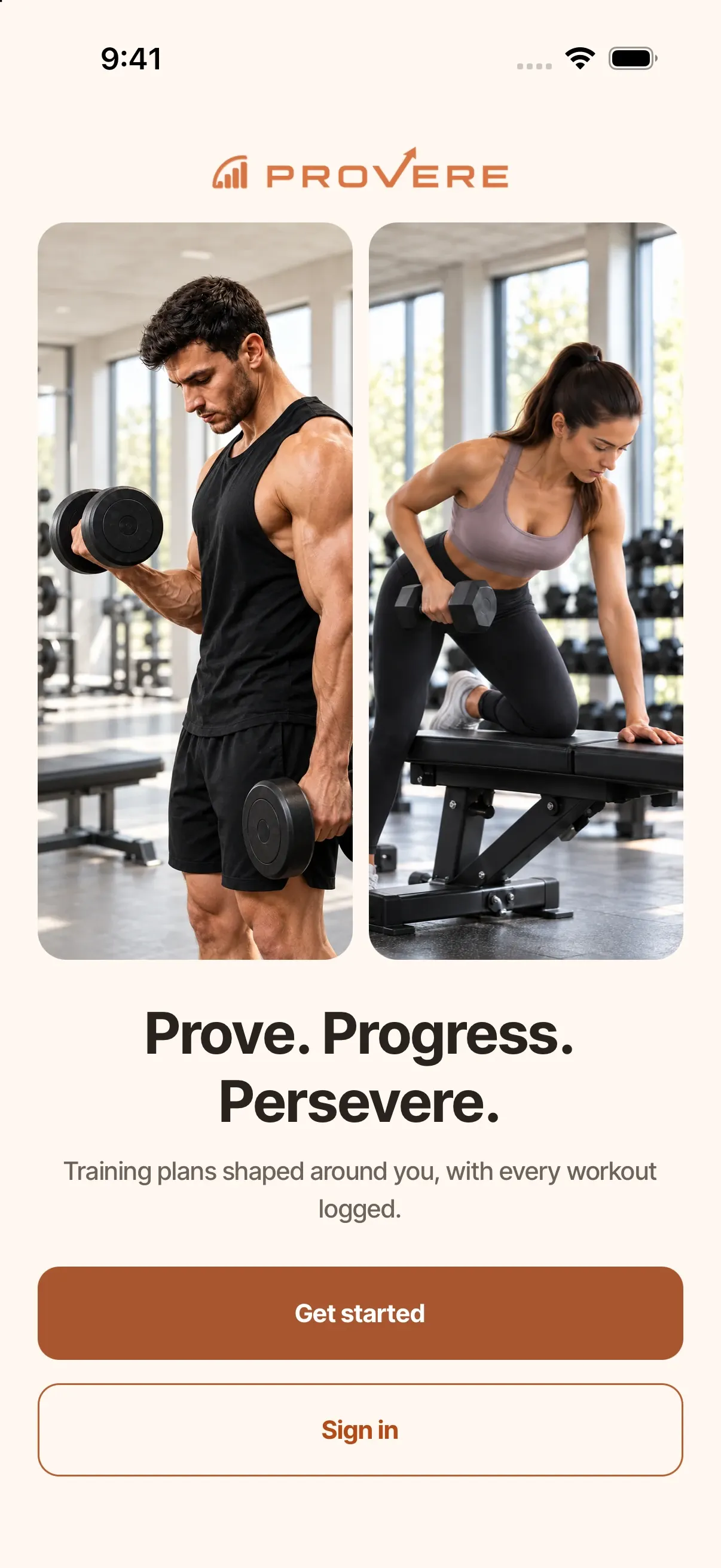 The Provere welcome screen: two photographs of people training, the line Prove. Progress. Persevere., and Get started and Sign in buttons