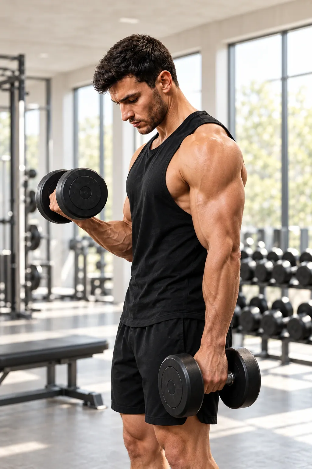 A man curling a dumbbell in a bright gym
